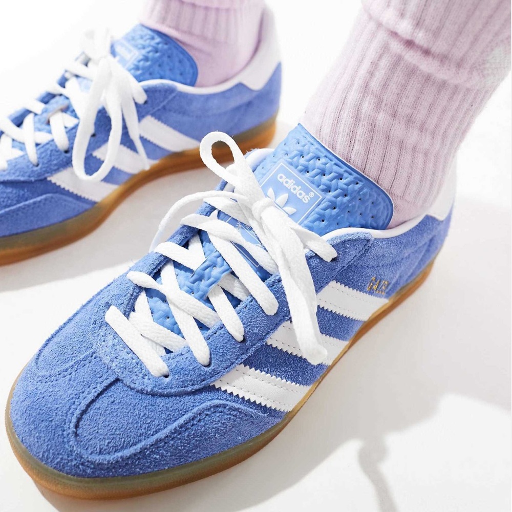 adidas Women's Light Blue Suede Sneakers with White Stripes